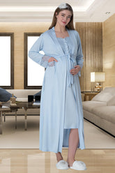 Lace Collar Maternity & Nursing Nightgown With Robe Blue - 6005