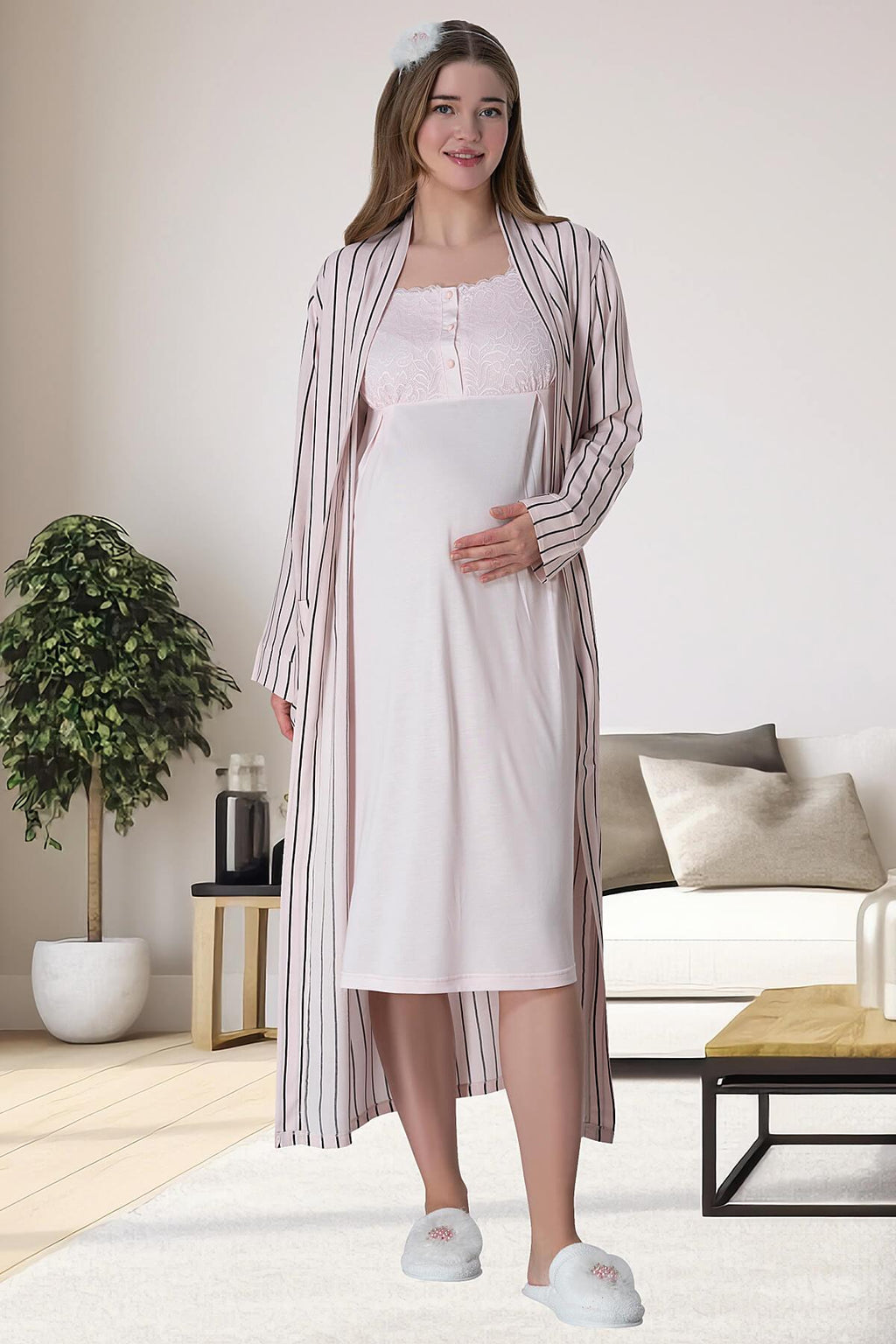 Stripe Lace Shoulder 4-Piece Maternity-Nursing Set Pink - 6063