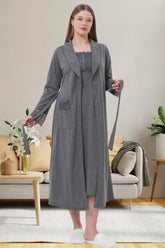 Lace Shoulder Maternity-Nursing Nightgown & Robe Set Charcoal - 6007