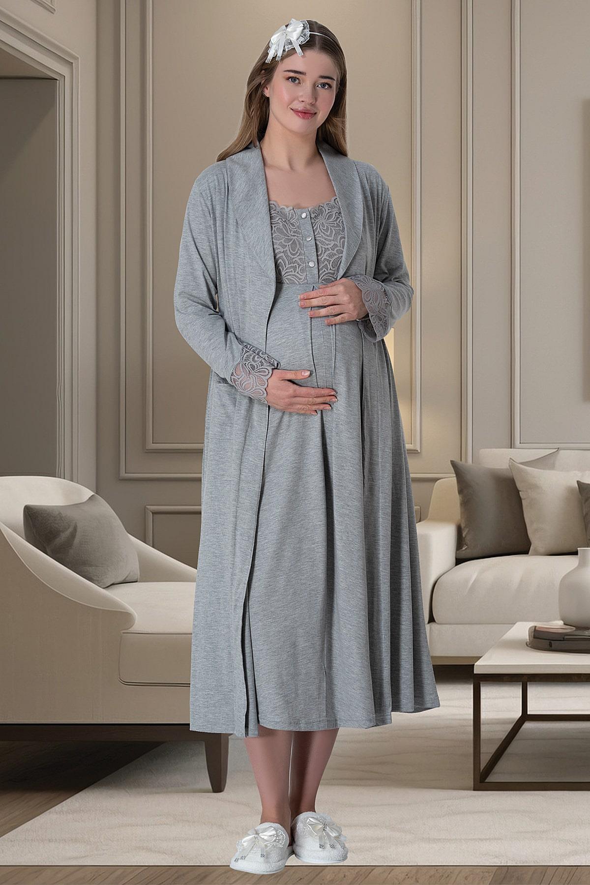 Lace Shoulder Maternity-Nursing Nightgown & Robe Set Grey - 6007