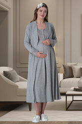 Lace Shoulder Maternity-Nursing Nightgown & Robe Set Grey - 6007