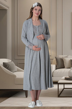 Lace Shoulder Maternity-Nursing Nightgown & Robe Set Grey - 6007