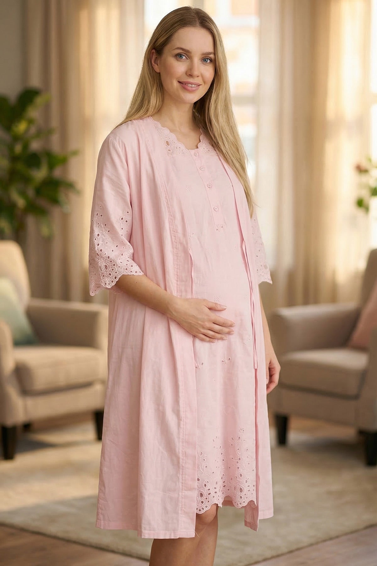Embroidered Maternity-Nursing Nightgown & Robe Set Powder - 6009