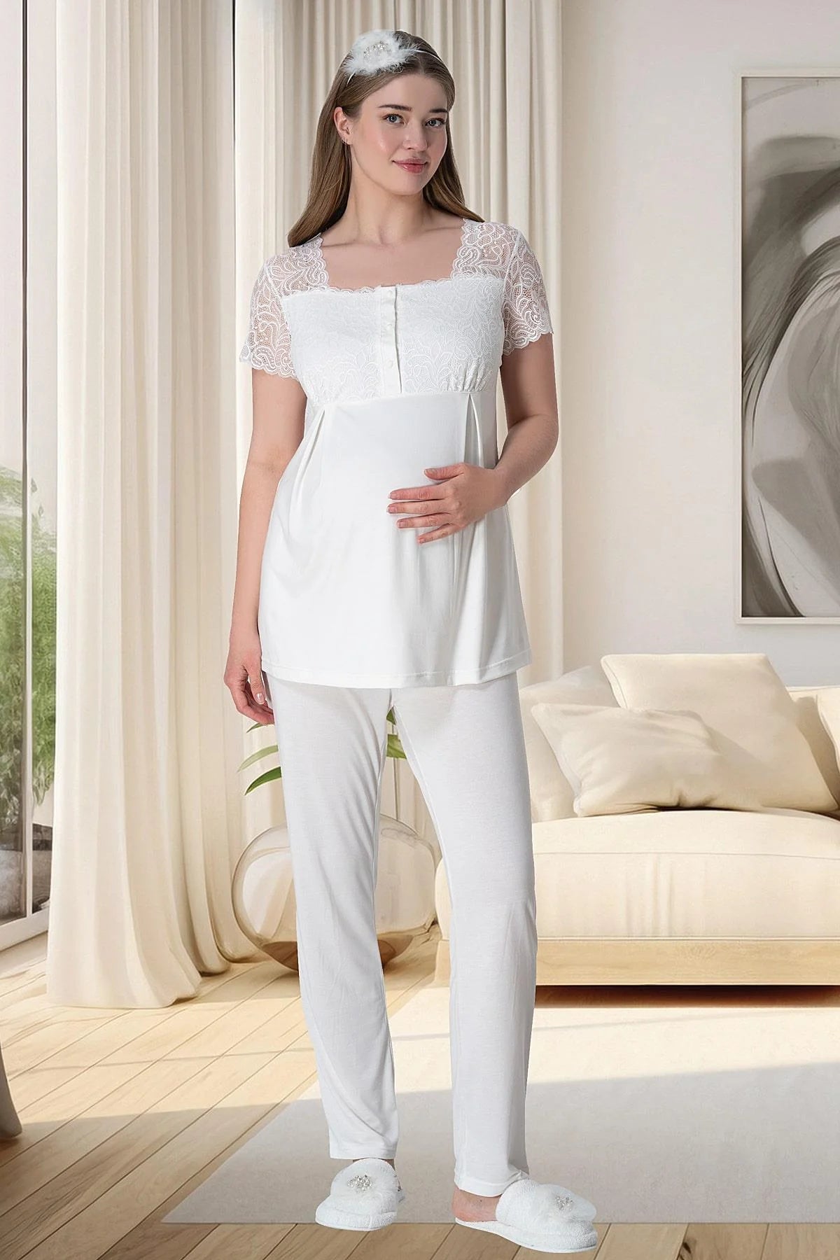 Lace Shoulder Maternity & Nursing Pajama Set Ecru - 6010