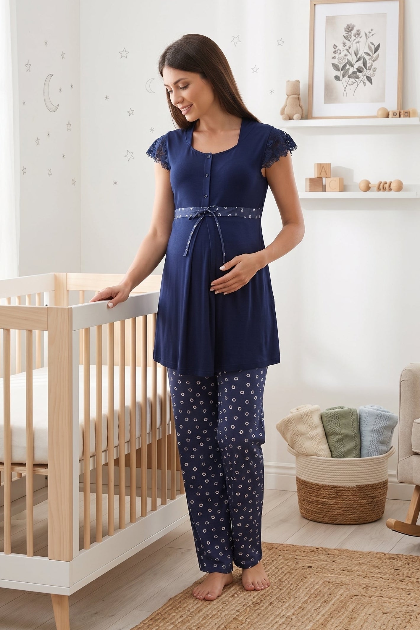 Lace Sleeve Patterned Maternity & Nursing Pajama Set Navy Blue - 6012