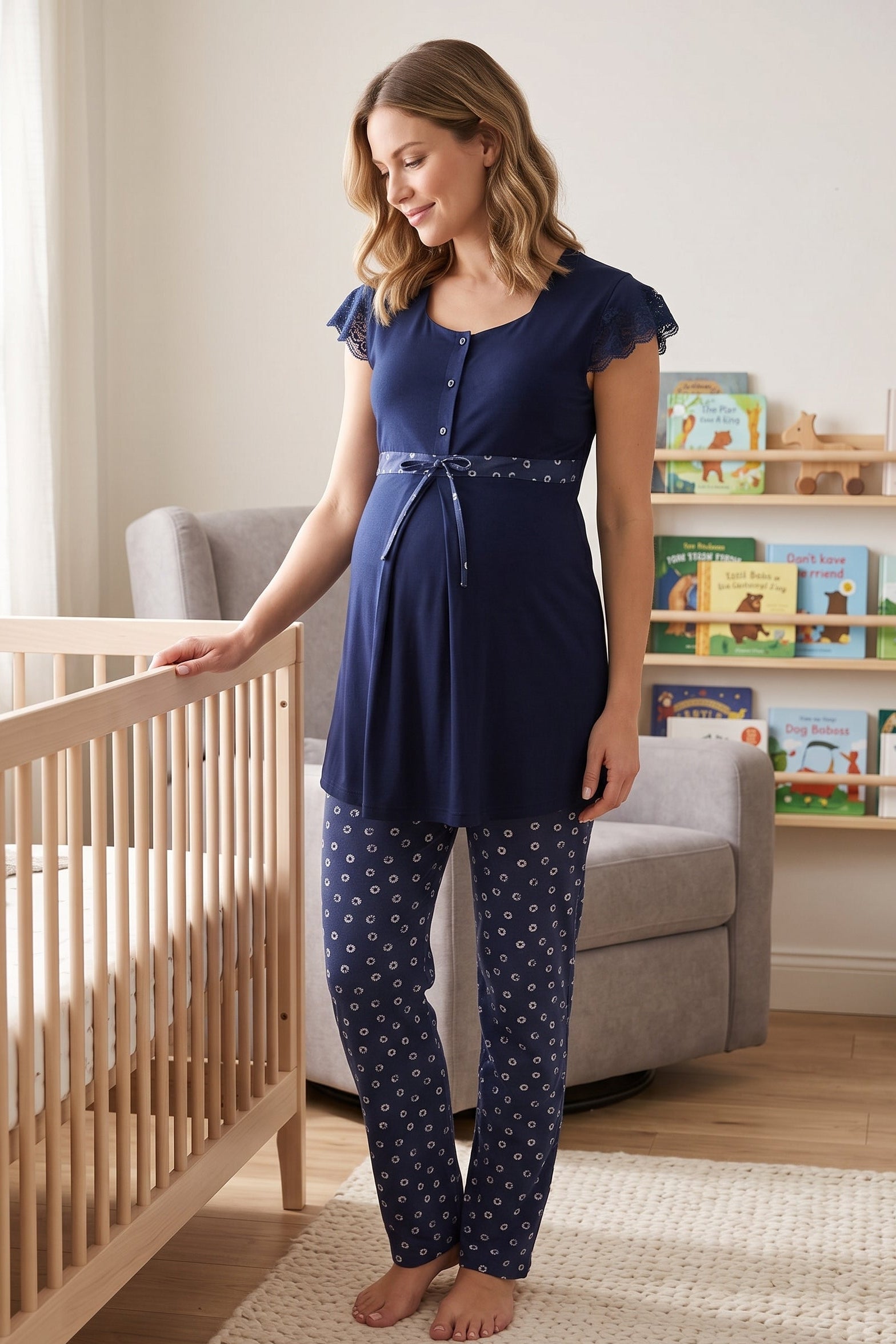 Lace Sleeve Patterned Maternity & Nursing Pajama Set Navy Blue - 6012