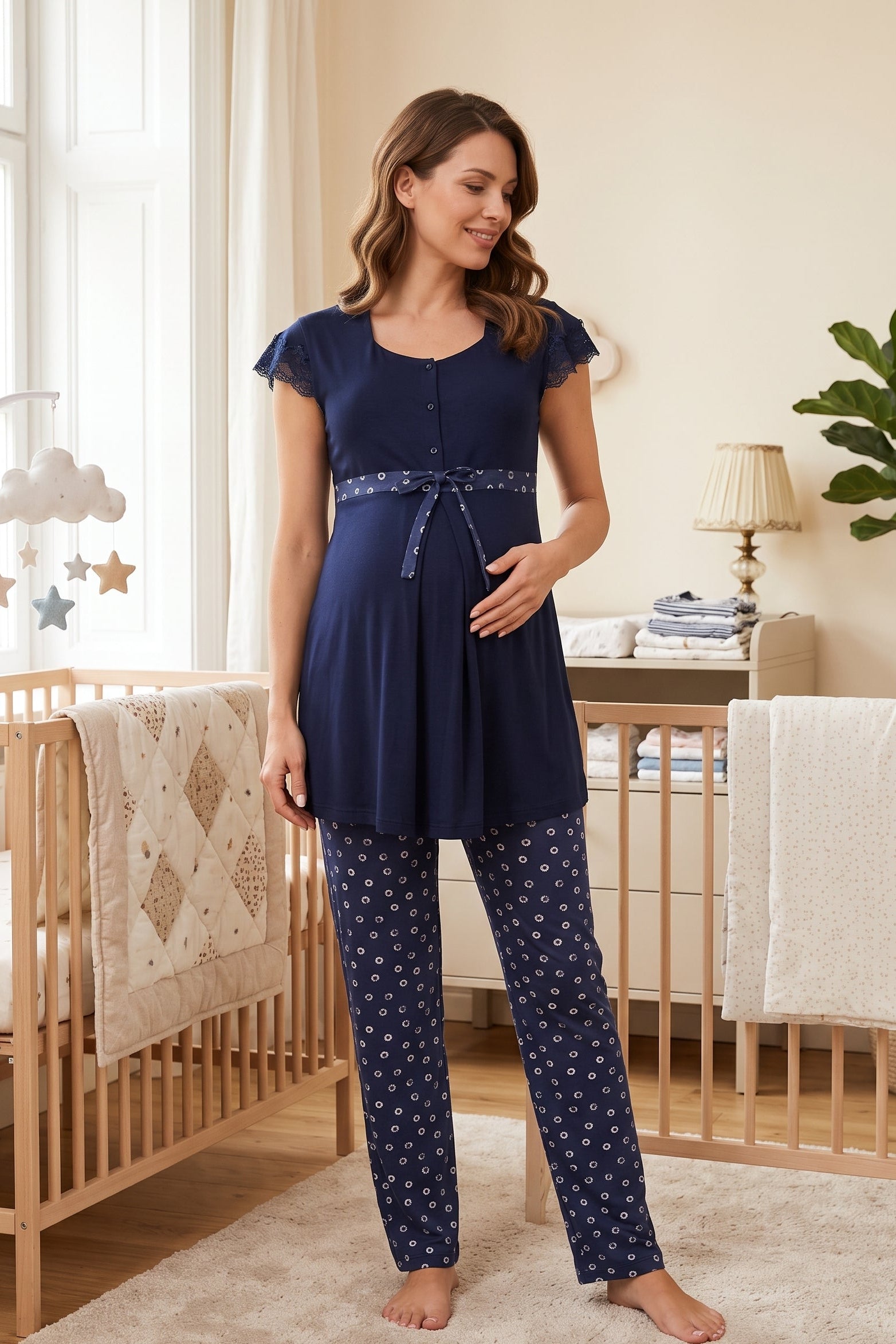 Lace Sleeve Patterned Maternity & Nursing Pajama Set Navy Blue - 6012