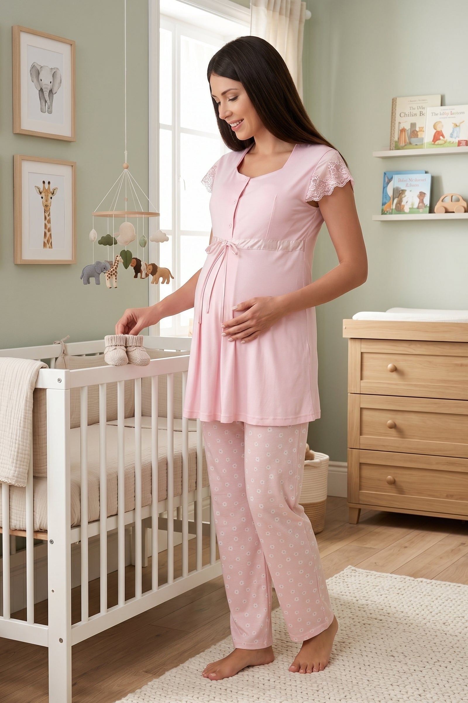 Lace Sleeve Patterned Maternity & Nursing Pajama Set Pink - 6012
