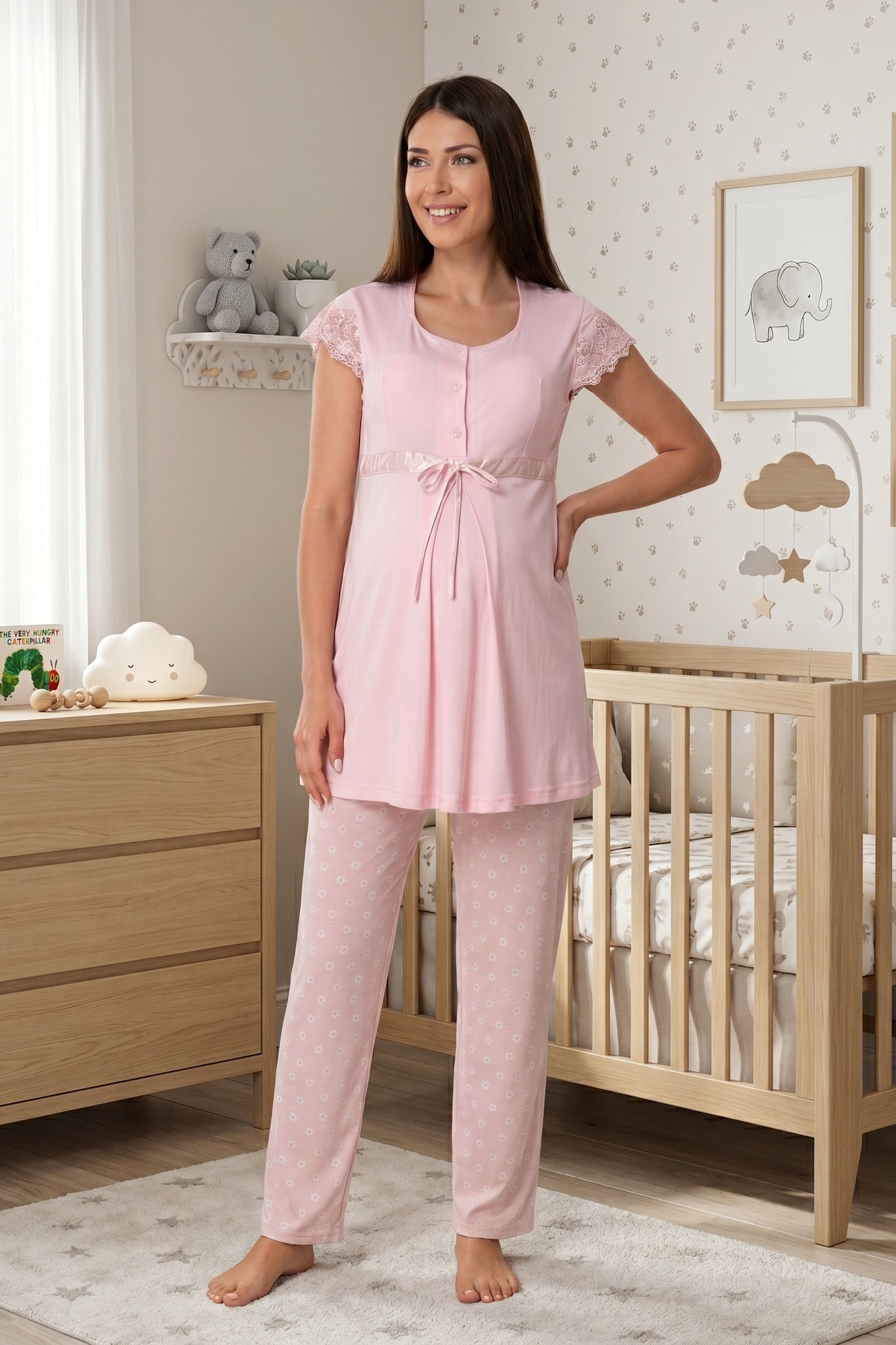 Lace Sleeve Patterned Maternity & Nursing Pajama Set Pink - 6012