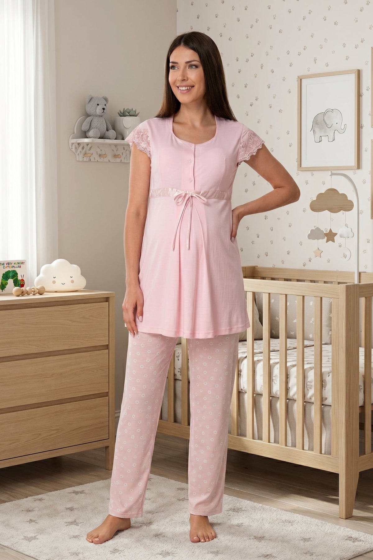 Lace Sleeve Patterned Maternity & Nursing Pajama Set Pink - 6012