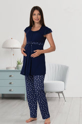 Lace Sleeve Patterned Maternity & Nursing Pajama Set Navy Blue - 6012