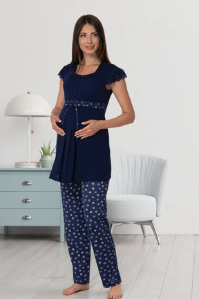 Lace Sleeve Patterned 4-Piece Maternity-Nursing Set Navy Blue - 6016