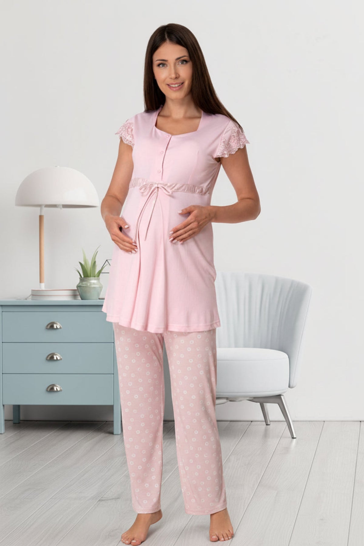 Lace Sleeve Patterned 3-Piece Maternity-Nursing Pajama & Robe Set Pink - 6014