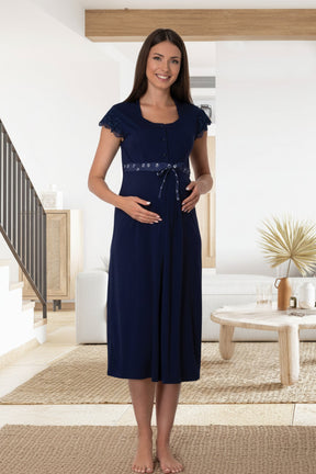 Lace Sleeve Patterned 4-Piece Maternity-Nursing Set Navy Blue - 6016