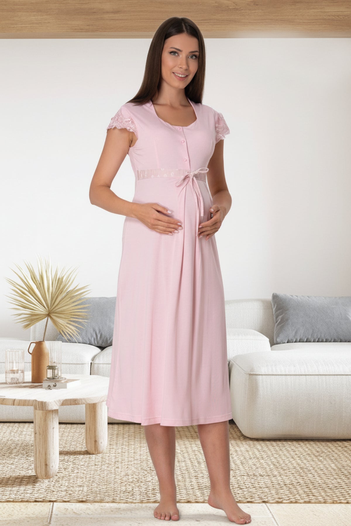 Lace Sleeve Patterned Maternity & Nursing Nightgown Pink - 6013