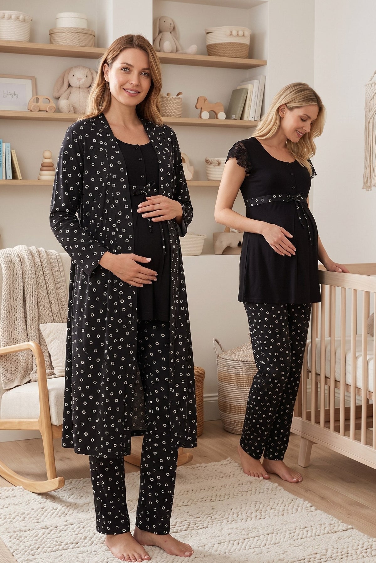 Lace Sleeve Patterned 3-Piece Maternity-Nursing Pajama & Robe Set Black - 6014