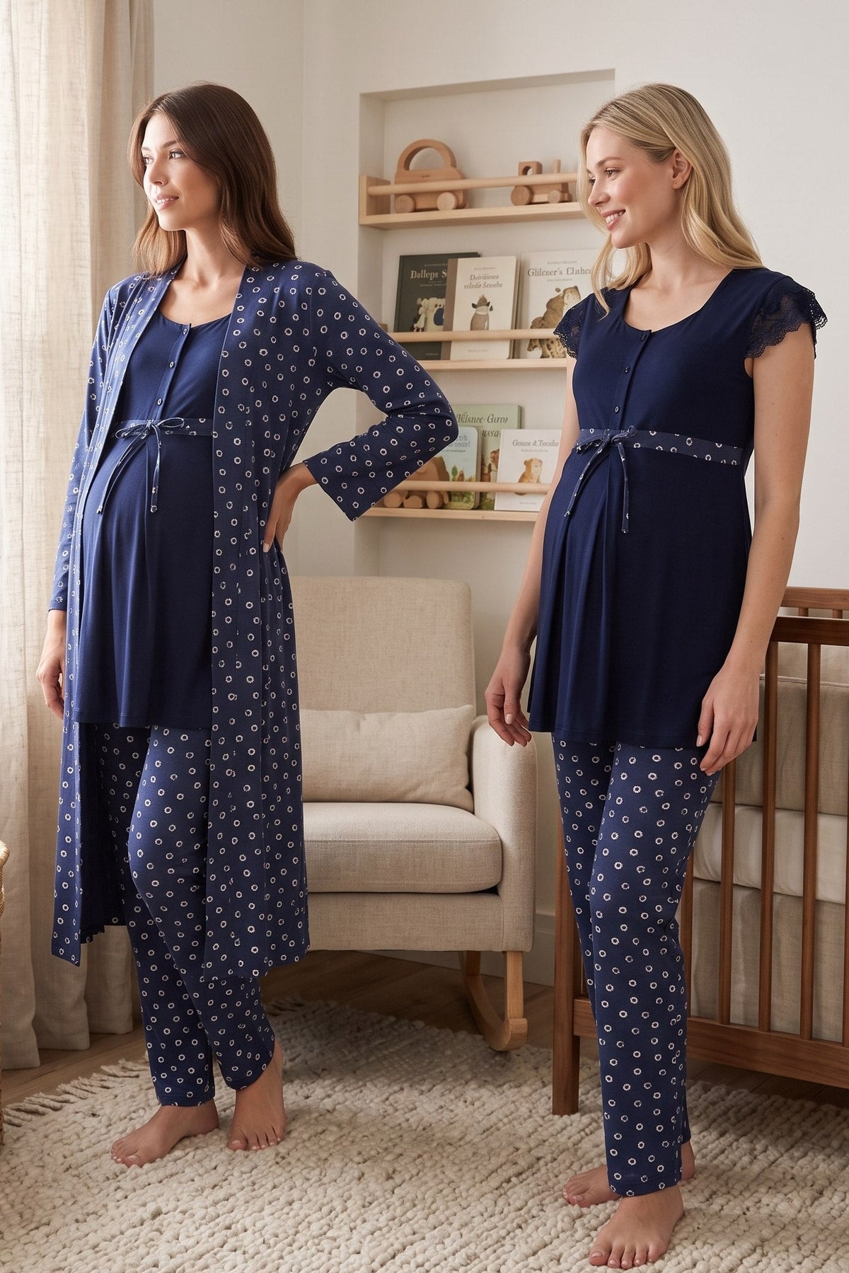 Lace Sleeve Patterned 3-Piece Maternity-Nursing Pajama & Robe Set Navy Blue - 6014