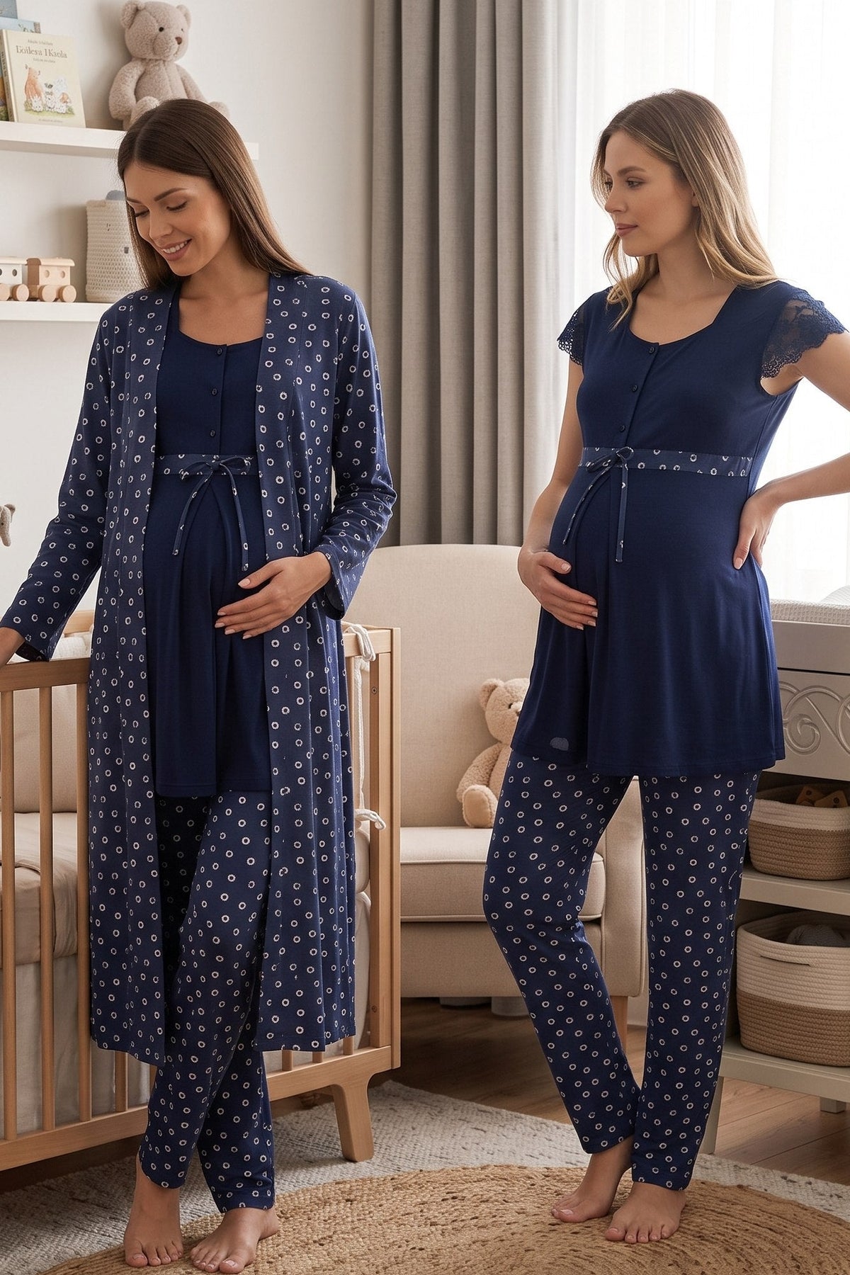 Lace Sleeve Patterned 3-Piece Maternity-Nursing Pajama & Robe Set Navy Blue - 6014