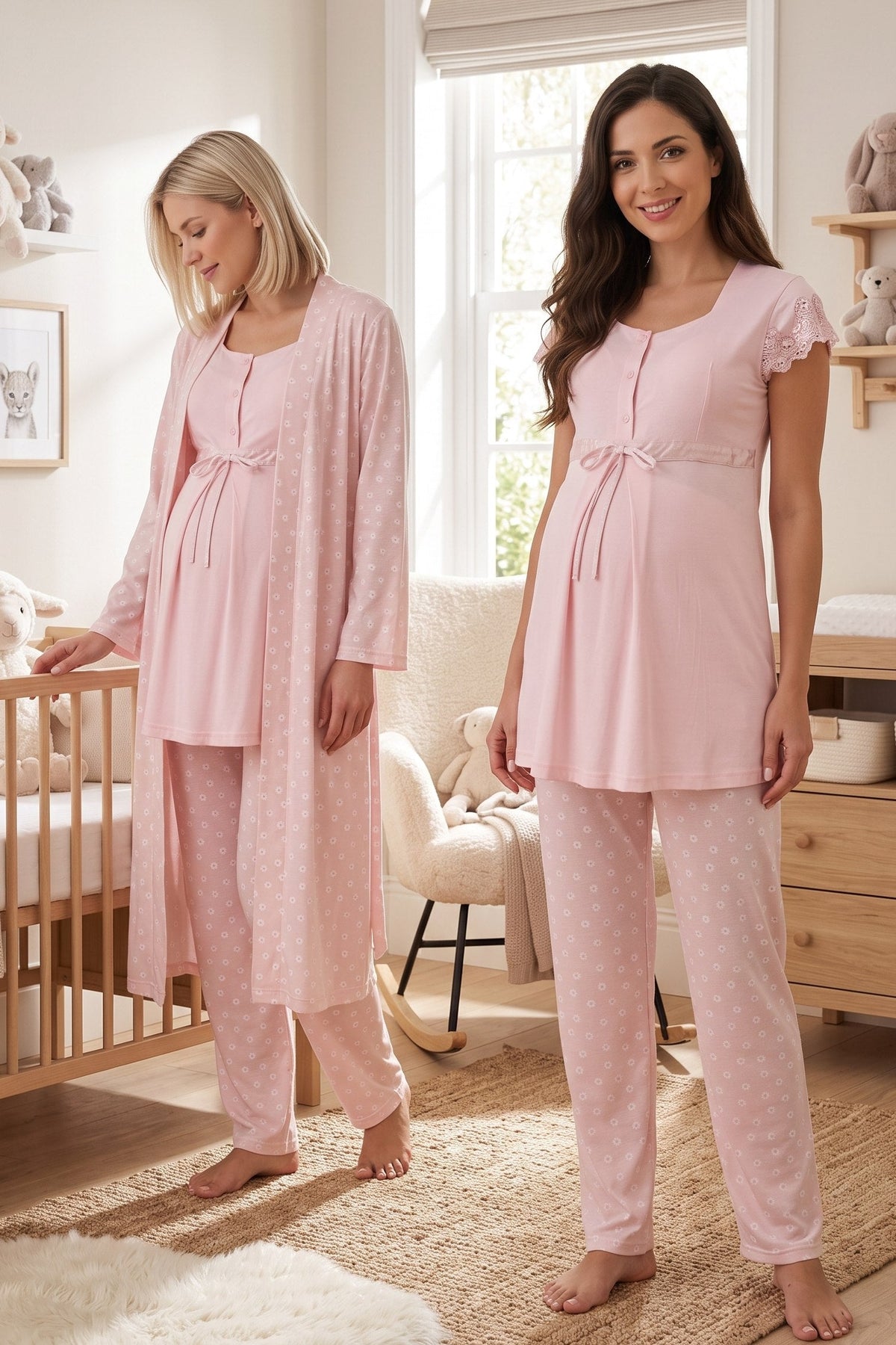 Lace Sleeve Patterned 3-Piece Maternity-Nursing Pajama & Robe Set Pink - 6014