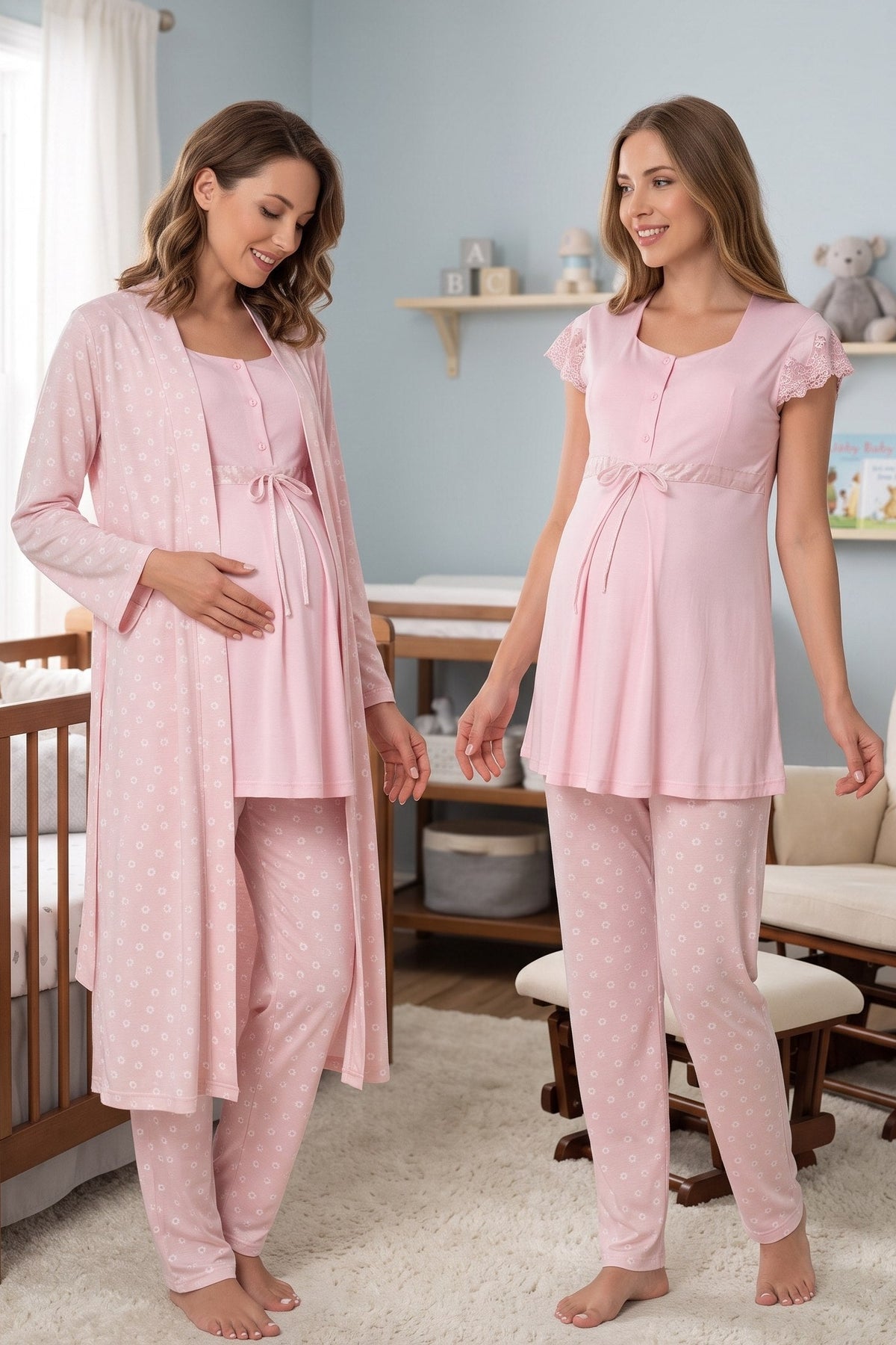 Lace Sleeve Patterned 3-Piece Maternity-Nursing Pajama & Robe Set Pink - 6014