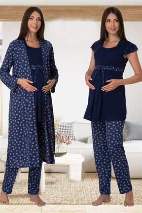 Lace Sleeve Patterned 4-Piece Maternity-Nursing Set Navy Blue - 6016