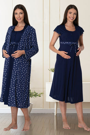 Lace Sleeve Patterned 4-Piece Maternity-Nursing Set Navy Blue - 6016