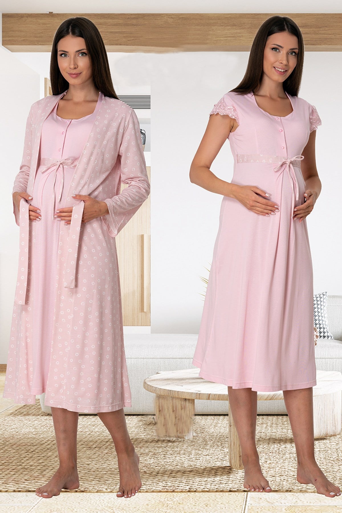 Lace Sleeve Patterned Maternity-Nursing Nightgown & Robe Set Pink - 6015