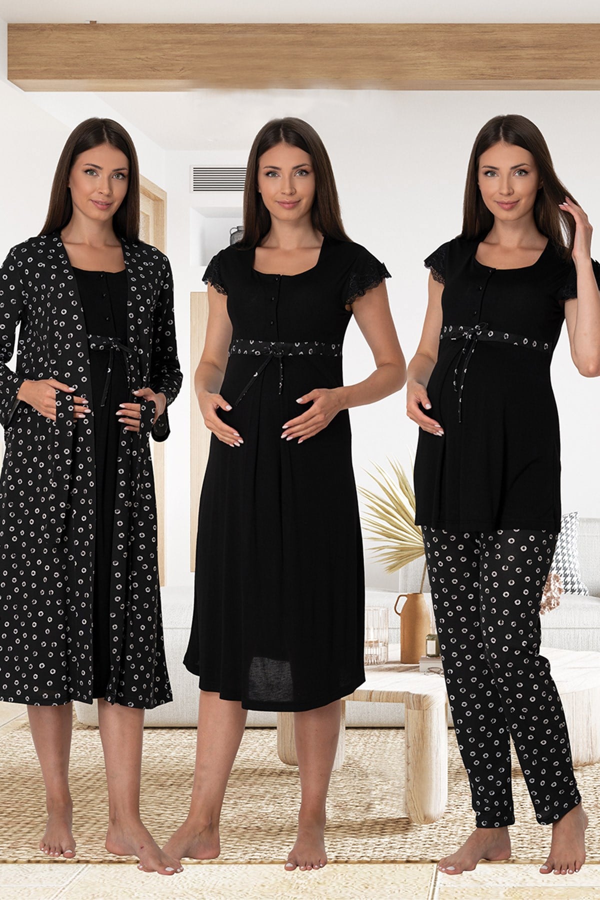 Lace Sleeve Patterned 4-Piece Maternity-Nursing Set Black - 6016