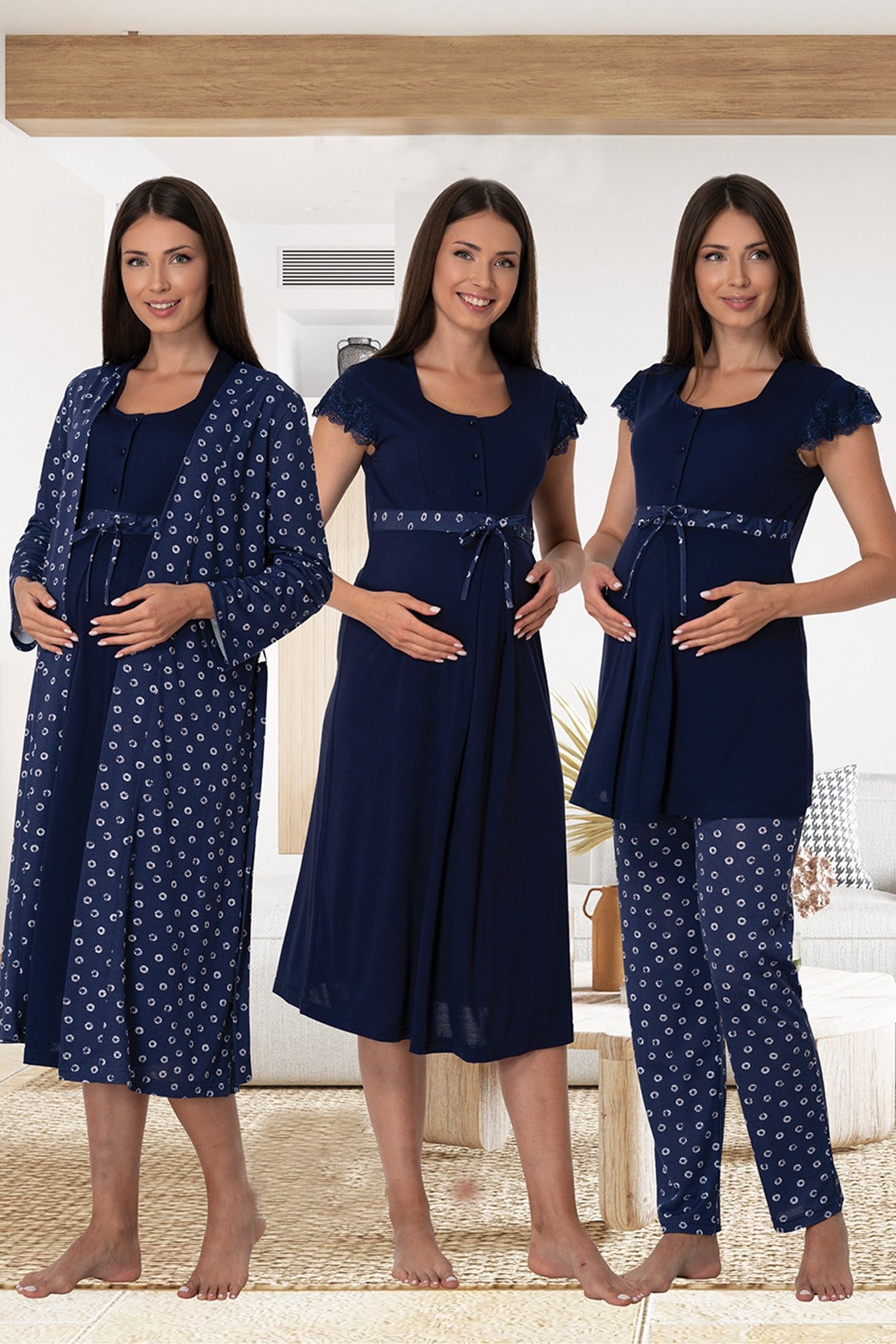 Lace Sleeve Patterned 4-Piece Maternity-Nursing Set Navy Blue - 6016