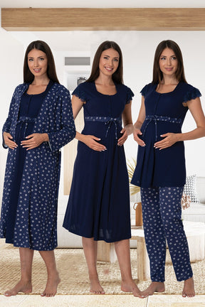Lace Sleeve Patterned 4-Piece Maternity-Nursing Set Navy Blue - 6016