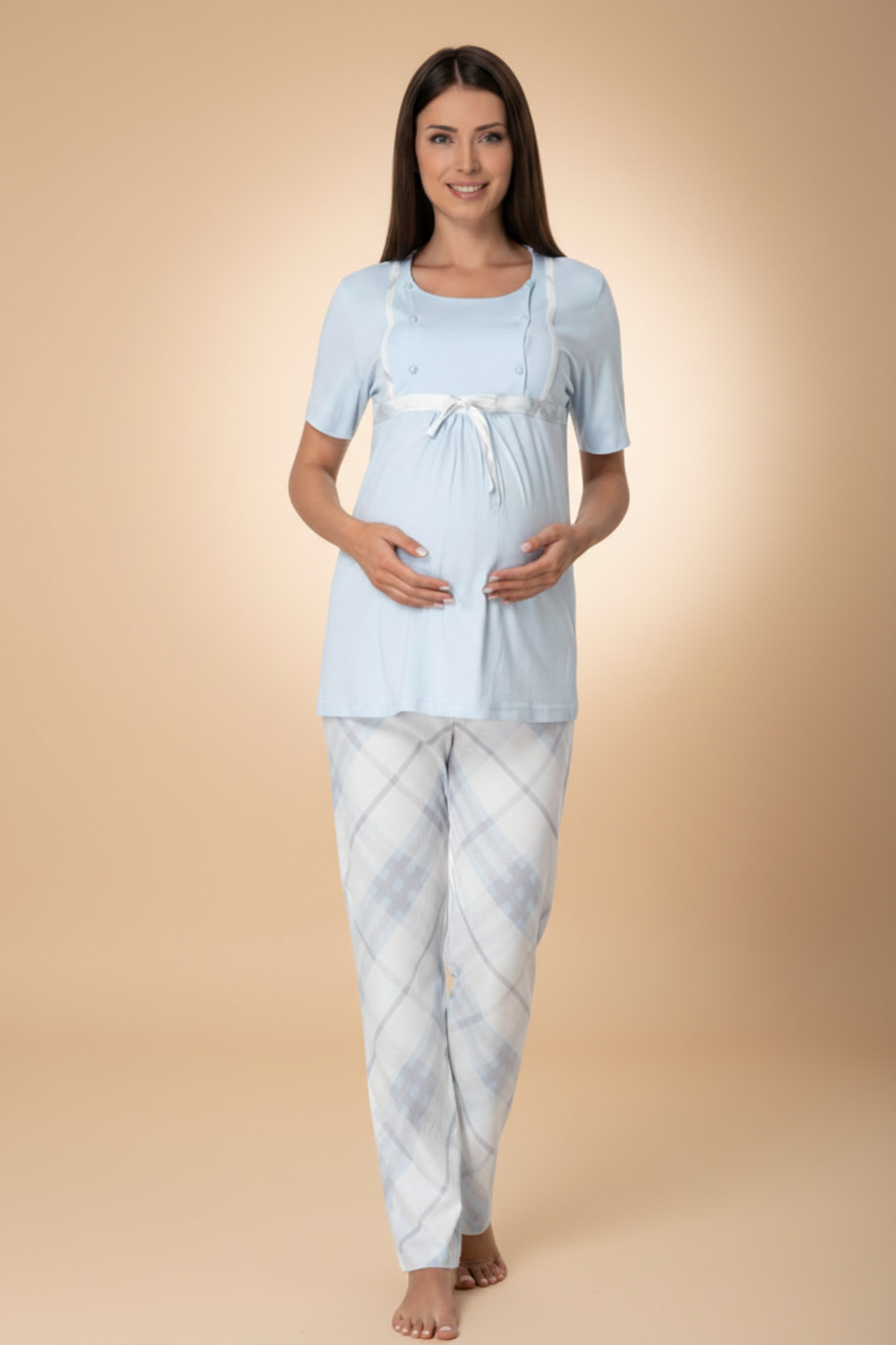Plaid Check Print Maternity & Nursing Pajama Set Blue - 6022