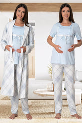 Plaid Check Print 3-Piece Maternity-Nursing Pajama & Robe Set Blue - 6024