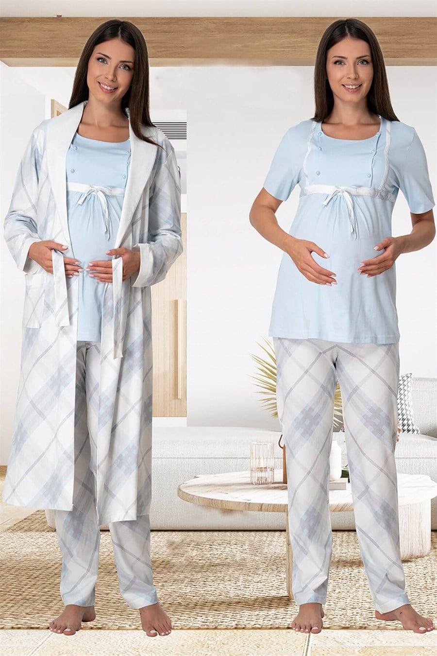 Plaid Check Print 3-Piece Maternity-Nursing Pajama & Robe Set Blue - 6024