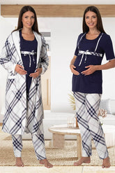 Plaid Check Print 3-Piece Maternity-Nursing Pajama & Robe Set Navy Blue - 6024