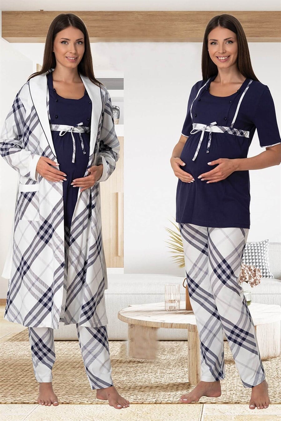 Plaid Check Print 3-Piece Maternity-Nursing Pajama & Robe Set Navy Blue - 6024