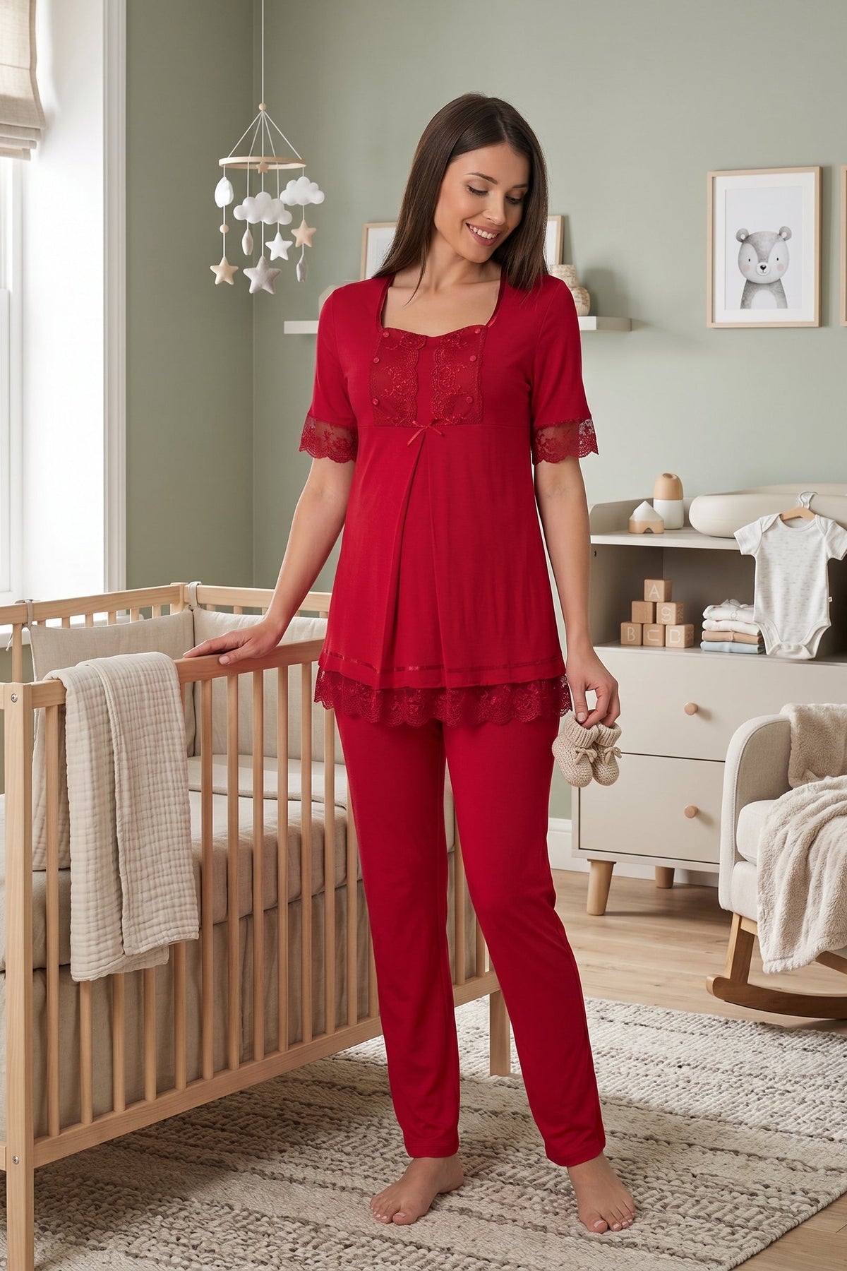 Lace Embroidered Maternity & Nursing Pajama Set Cherry - 6032
