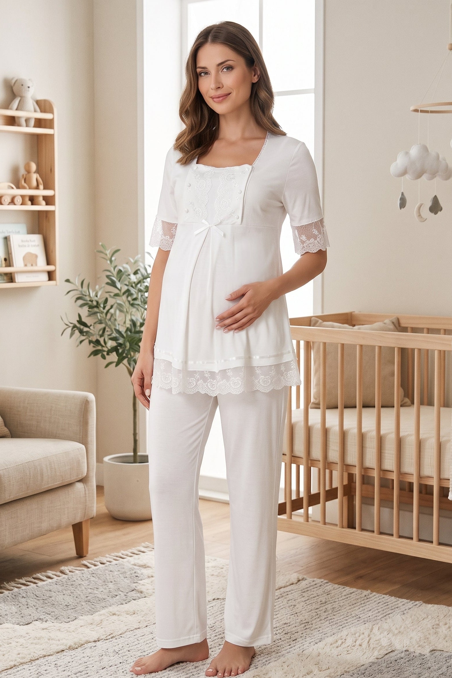 Lace Embroidered Maternity & Nursing Pajama Set Ecru - 6032