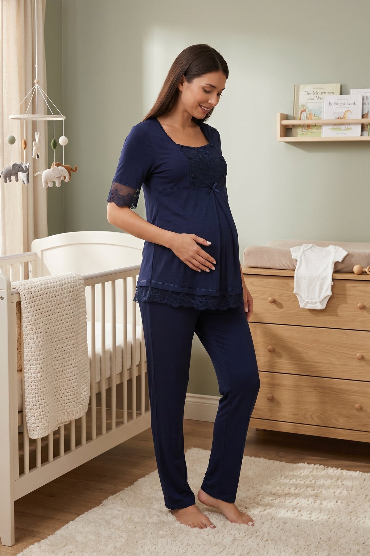 Lace Embroidered Maternity & Nursing Pajama Set Navy Blue - 6032
