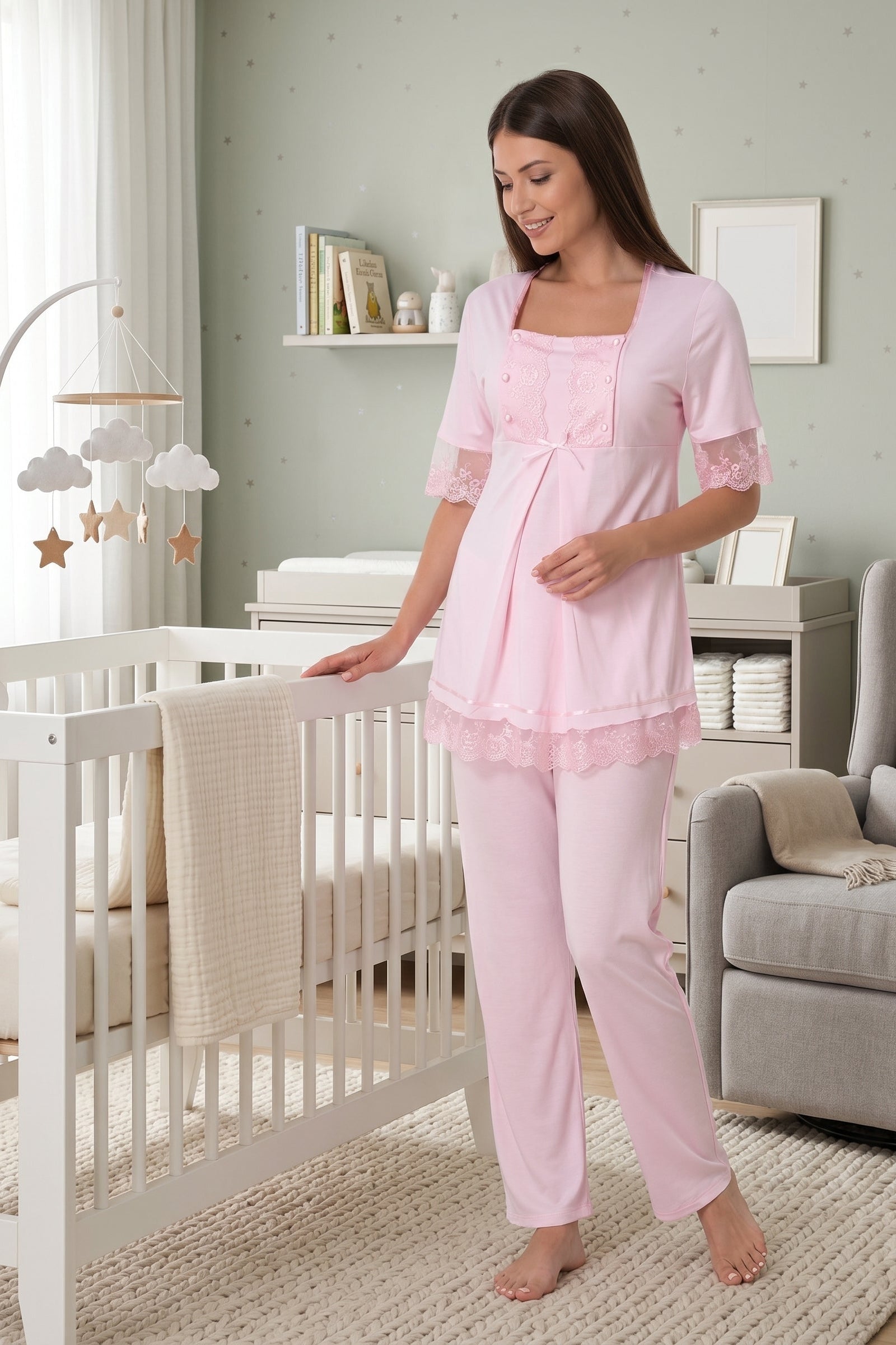Lace Embroidered Maternity & Nursing Pajama Set Pink - 6032