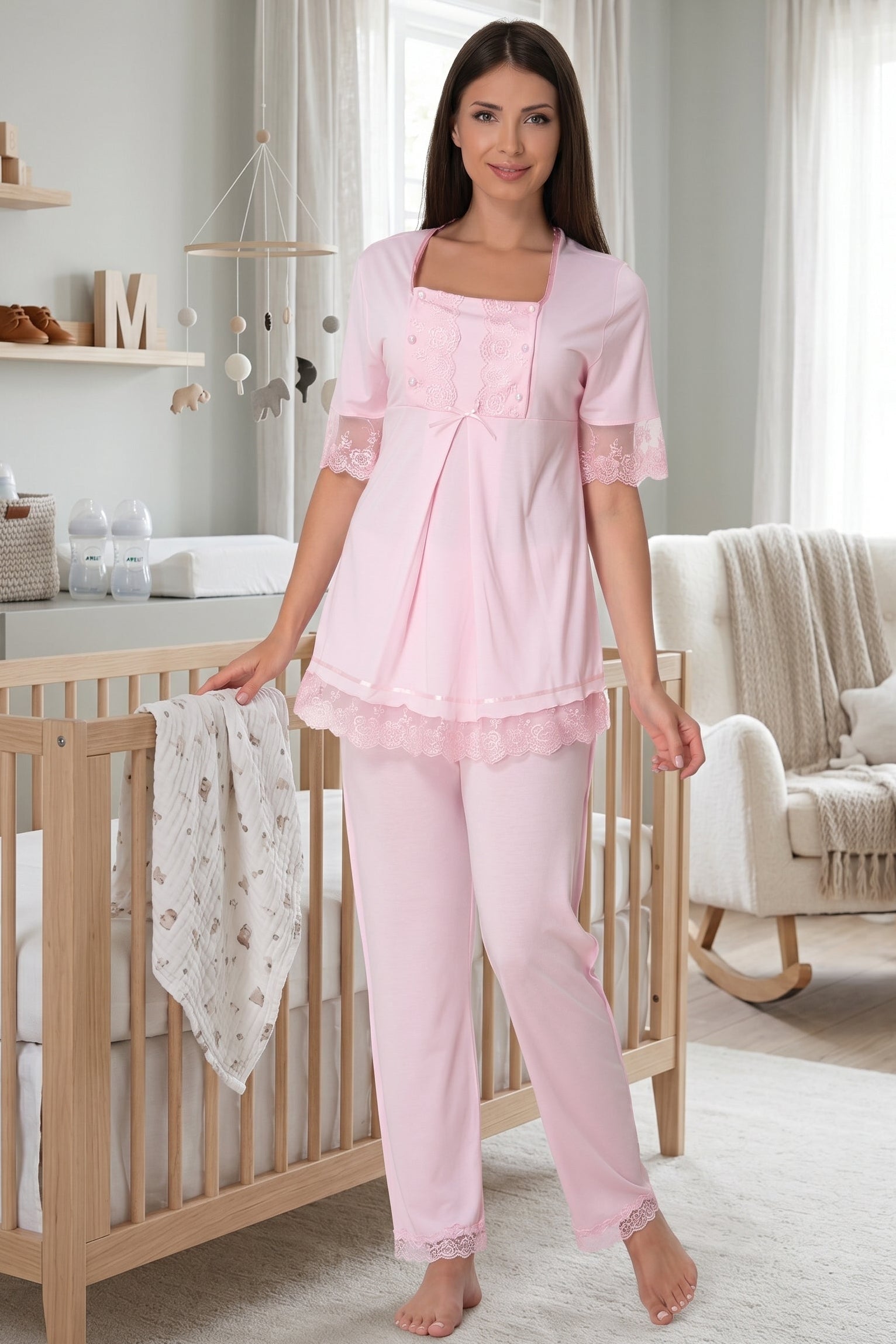 Lace Embroidered Maternity & Nursing Pajama Set Pink - 6032