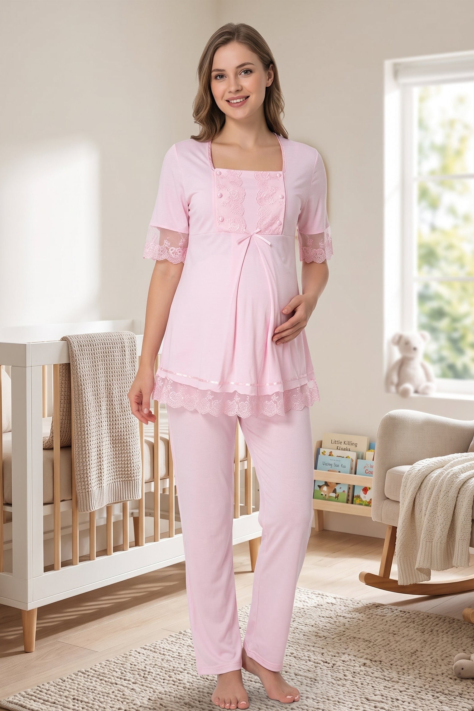 Lace Embroidered Maternity & Nursing Pajama Set Pink - 6032