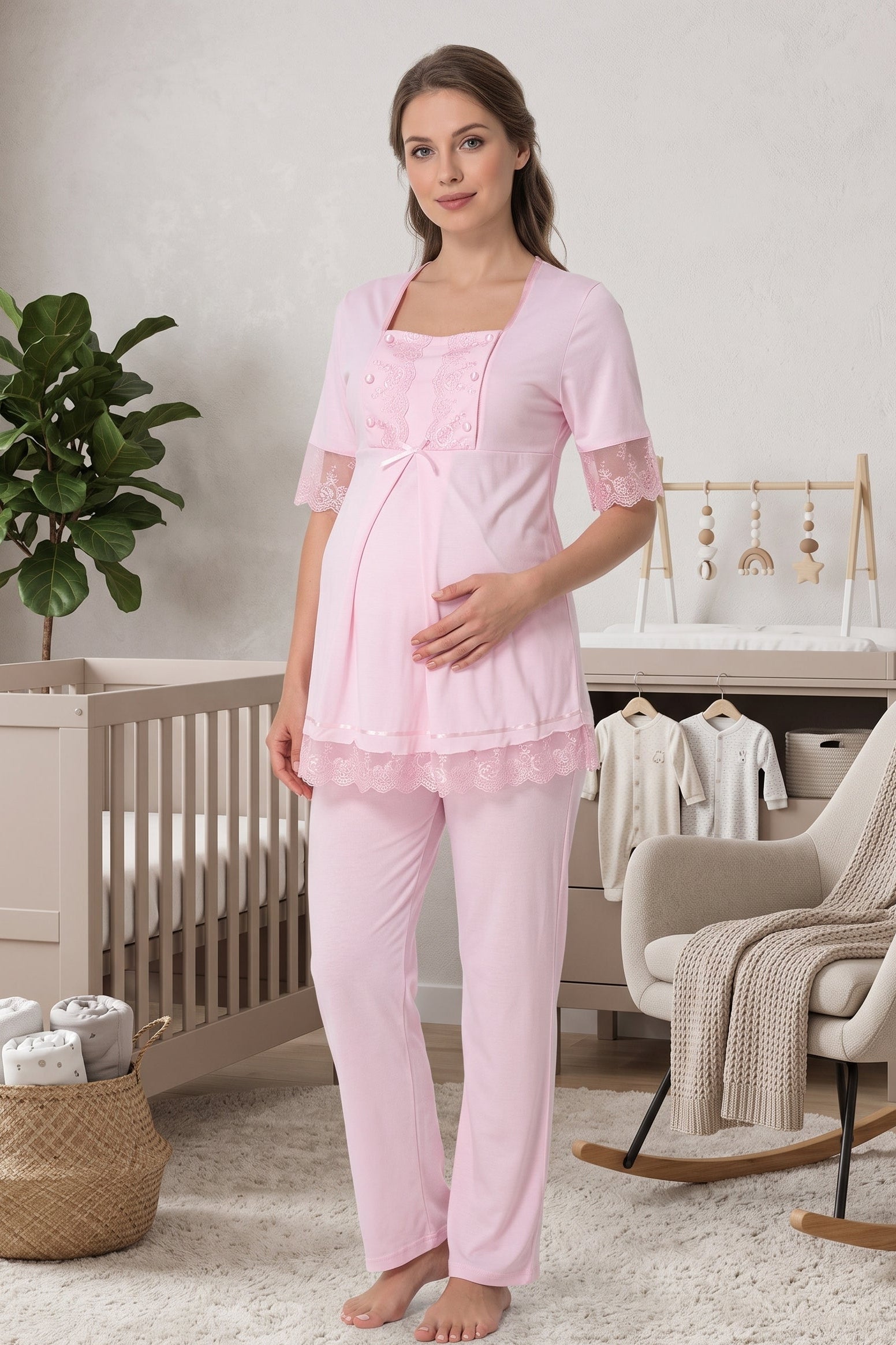 Lace Embroidered Maternity & Nursing Pajama Set Pink - 6032