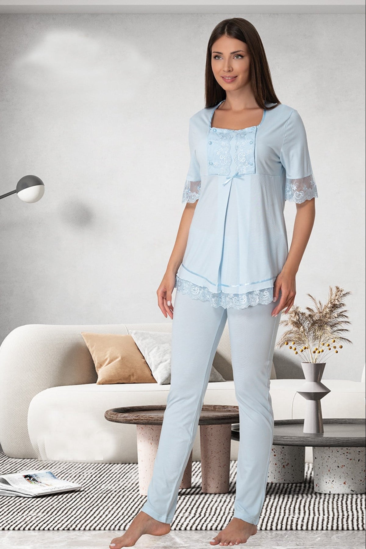Lace Embroidered 3-Piece Maternity-Nursing Pajama & Robe Set Blue - 6034