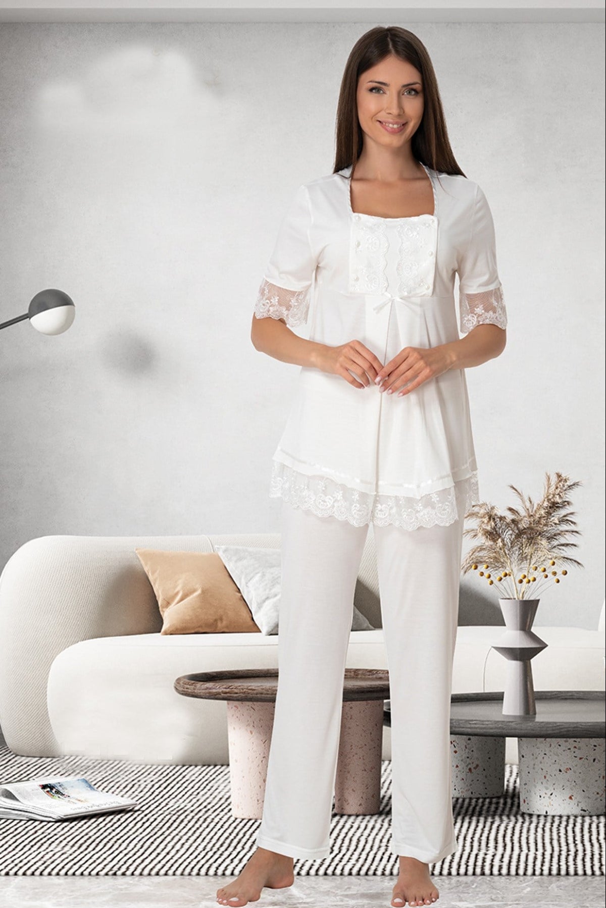 Lace Embroidered 3-Piece Maternity-Nursing Pajama & Robe Set Ecru - 6034