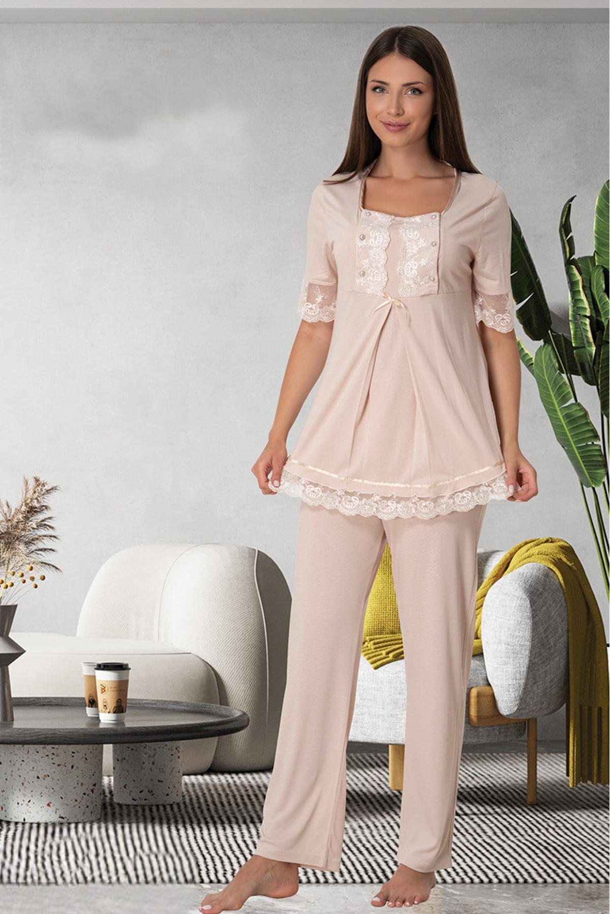 Lace Embroidered 3-Piece Maternity-Nursing Pajama & Robe Set Mink - 6034