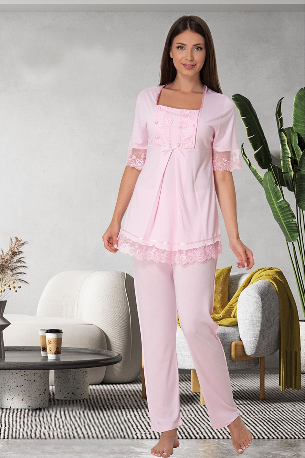 Lace Embroidered 3-Piece Maternity-Nursing Pajama & Robe Set Pink - 6034