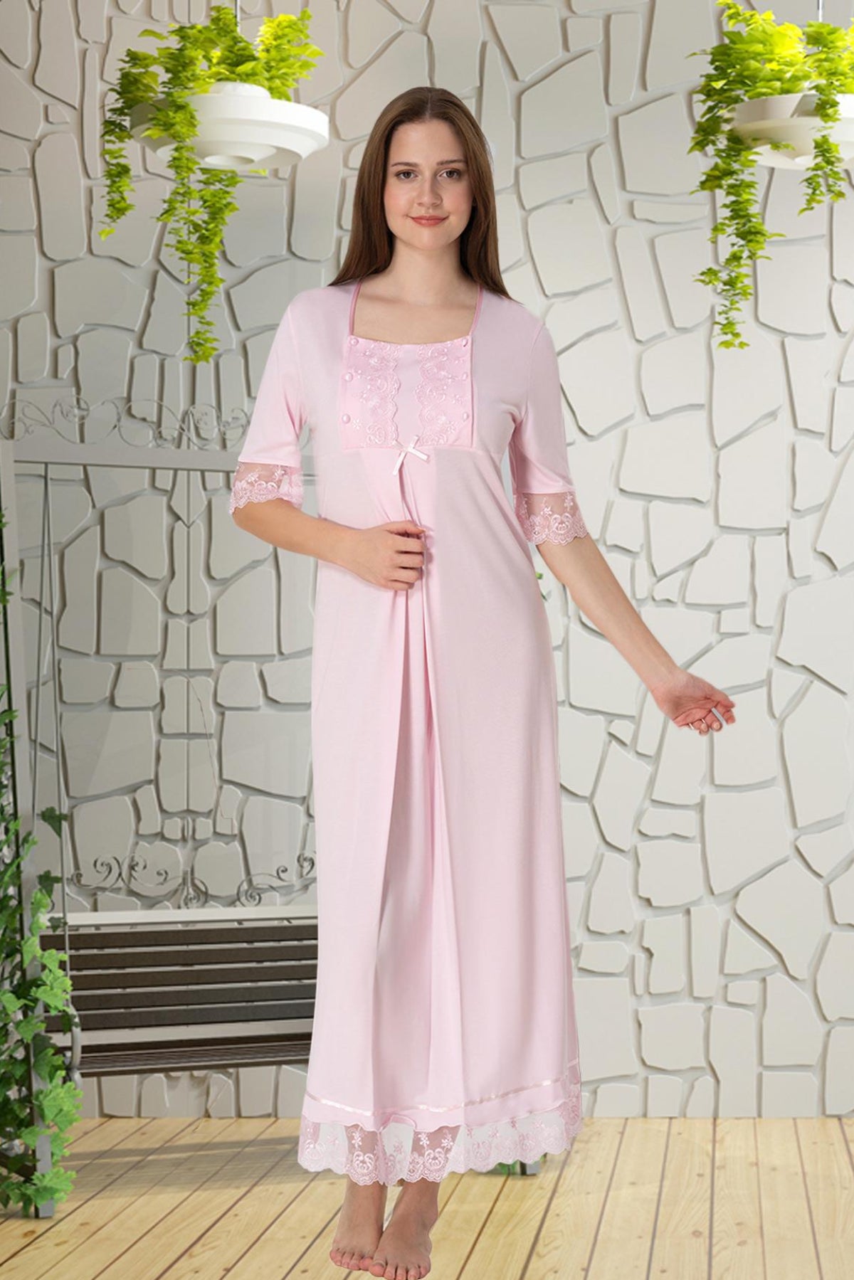 Lace Embroidered Maternity & Nursing Nightgown Pink - 6033
