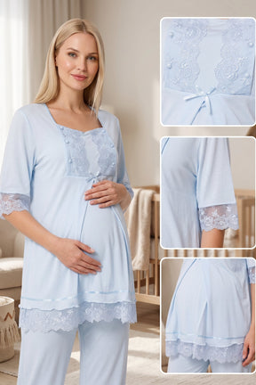 Lace Embroidered 3-Piece Maternity-Nursing Pajama & Robe Set Blue - 6034