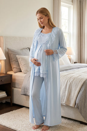 Lace Embroidered 3-Piece Maternity-Nursing Pajama & Robe Set Blue - 6034