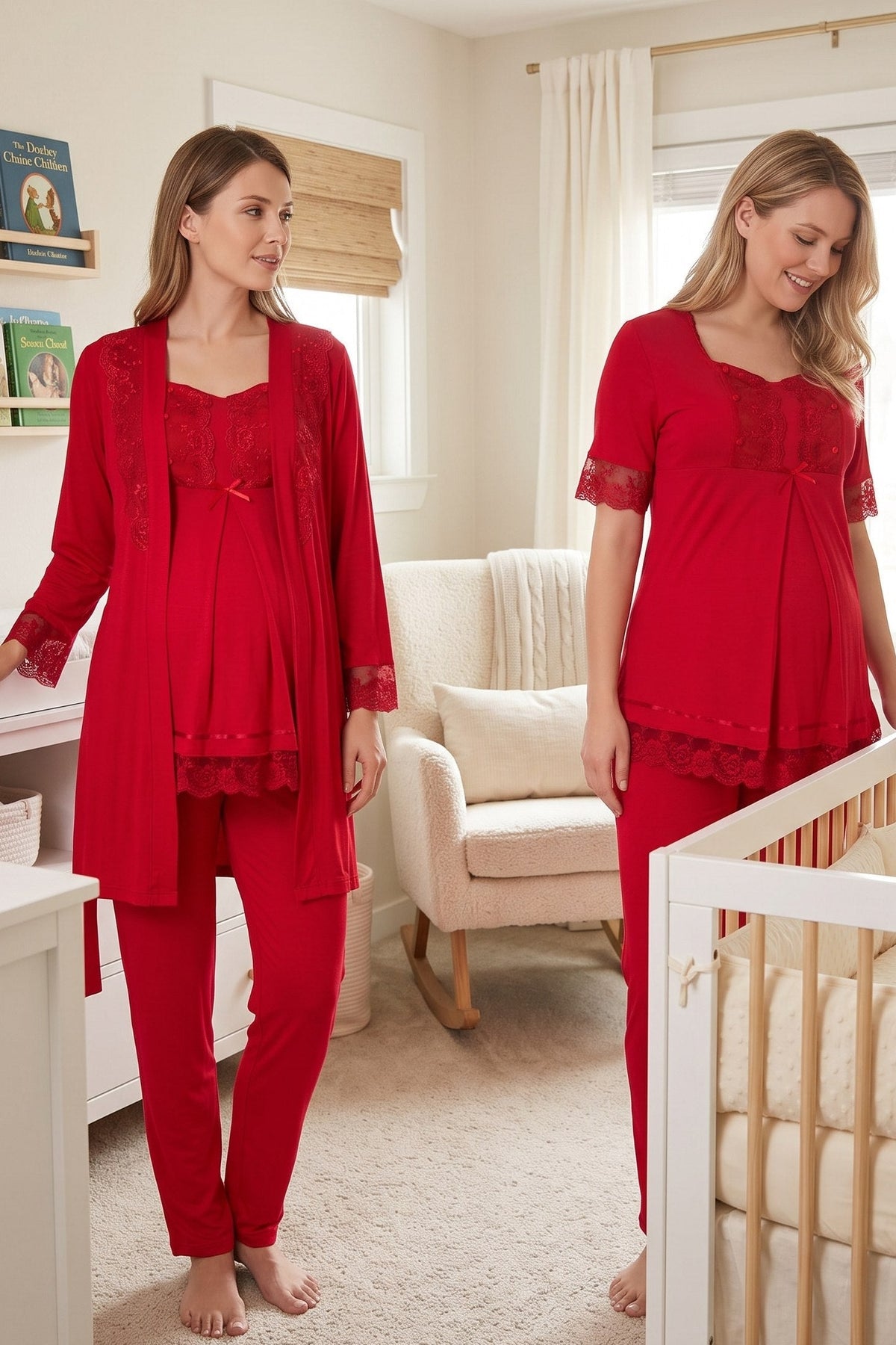 Lace Embroidered 3-Piece Maternity-Nursing Pajama & Robe Set Cherry - 6034